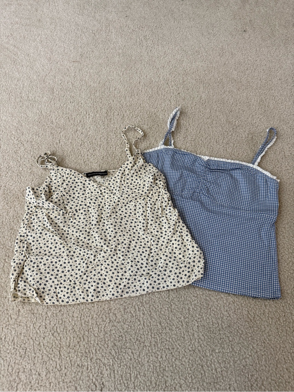 NWOT Brandy Melville Cream Floral & Blue Gingham Spaghetti Strap Tops - Set of 2